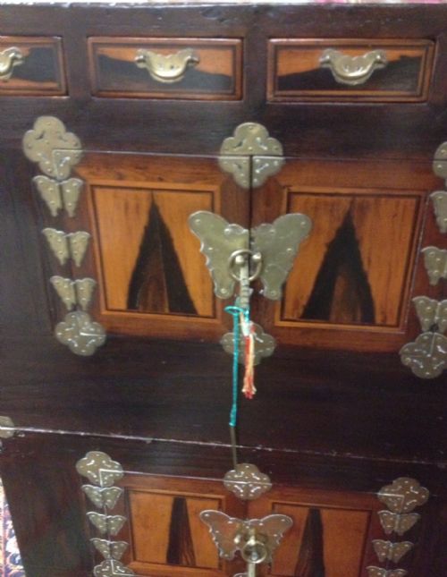 fig 1. Inlaid Chinese cabinet in three sections Decorative brass work