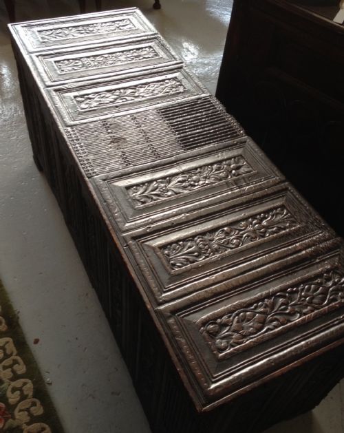 fig 1. Rare Victorian oak blanket chest with paper mâché panels