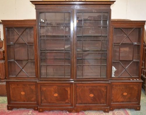 Antique Inlaid Break Front Mahogany Library Bookcase Circa 1875