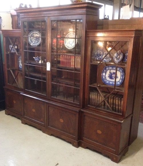fig 1. Antique inlaid break front mahogany library bookcase circa 1875