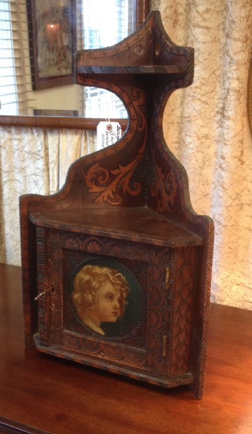 Victorian Hand Painted and Carved Hanging Corner Cupboard