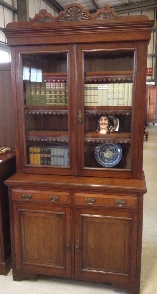 Victorian Walnut Bookcase Over Drawers and Cupboard