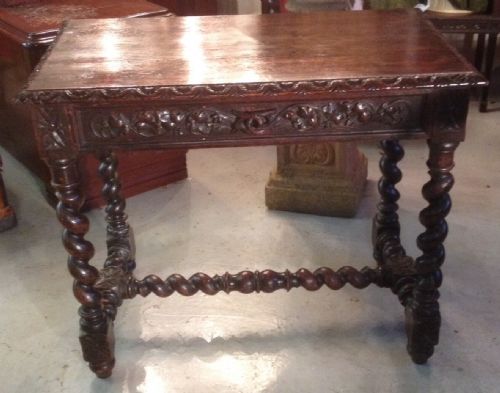 Victorian Carved Oak Library Table with Single Drawer