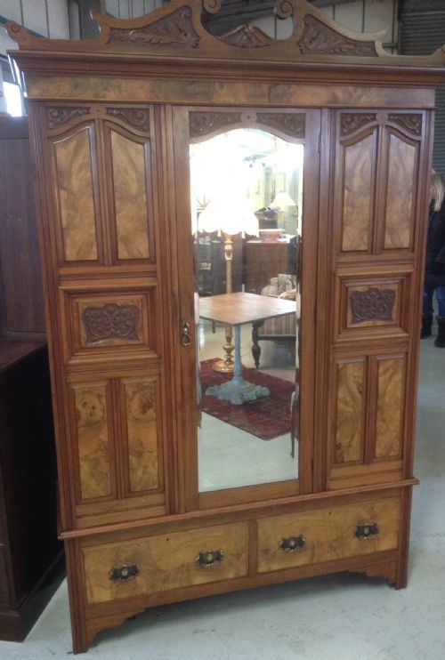 Victorian Walnut Wardrobe with Carved and Burr Walnut Panels