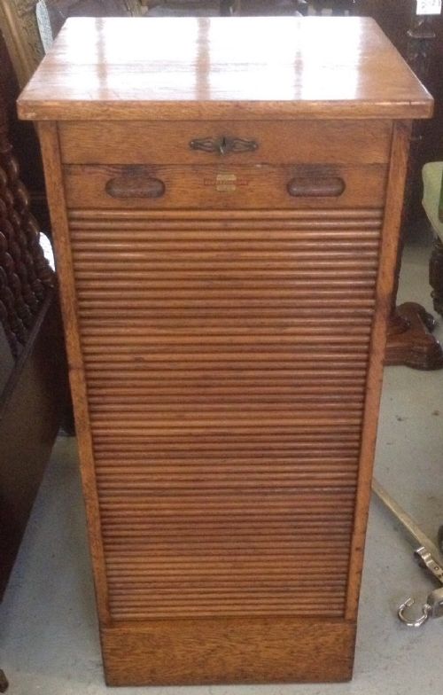 Golden Oak Tambour Fronted Filing Cabinet Circa 1920'