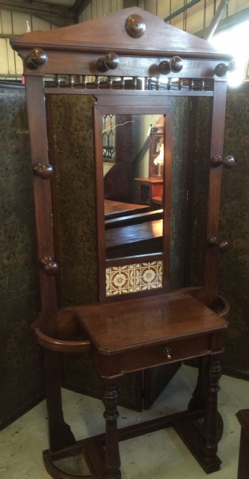 Victorian Walnut Hall Stand with Tiled Back and Original Trays Circa 1880