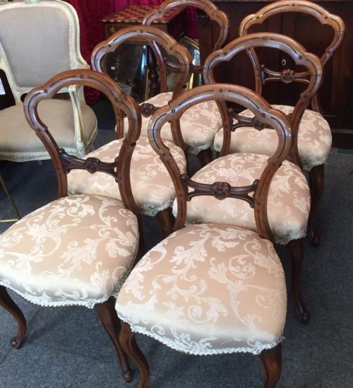 Set of Six Victorian Walnut Balloon Back Dining Chairs