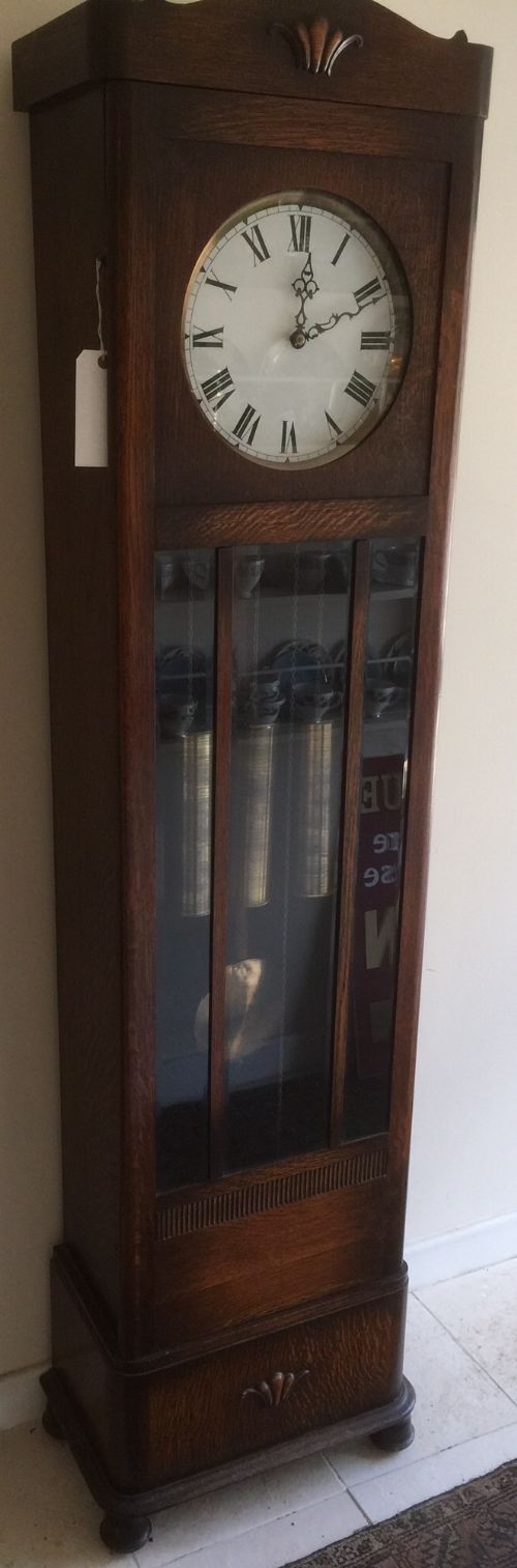 Art Deco Oak Triple Brass Weight Longcase Clock