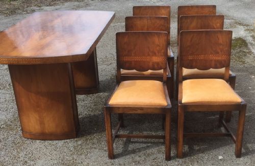 Art Deco Walnut Dining Table with Six Chairs