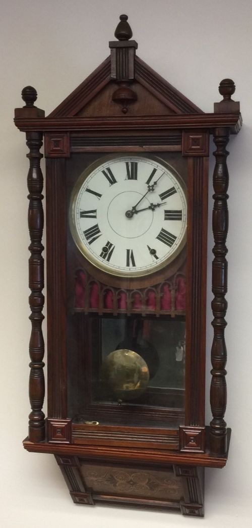 Inlaid Mahogany Eight Day American Wall Clock Circa 1880