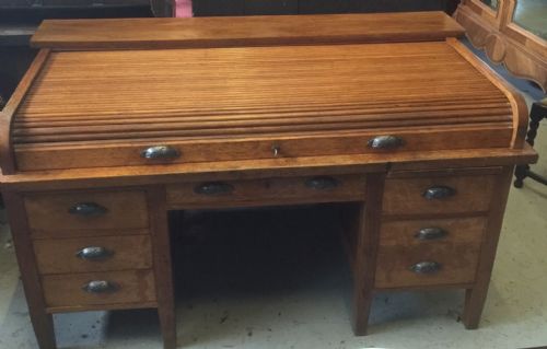Golden Oak Architects/estate Desk with Tambour Top Circa 1920