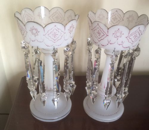 Pair Victorian Milk Glass Painted Lustres