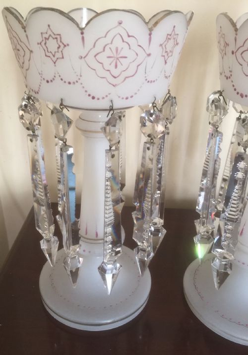 fig 1. Pair Victorian Milk glass painted lustres