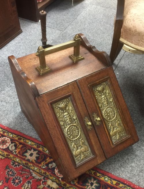 Arts and Crafts Brass and Mahogany Coal Box Circa 1895