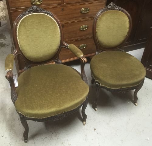 Victorian Ladies and Gentlemans Walnut Carved Chairs
