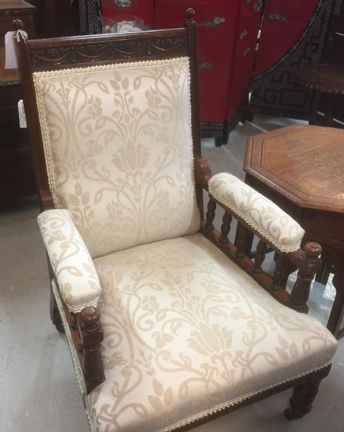 Victorian Carved Oak Library Chair Turned Legs Professionally Reupholstered