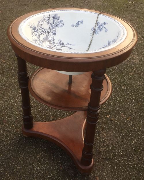 Rare Victorian Circular Mahogany Washstand with Original Bowl