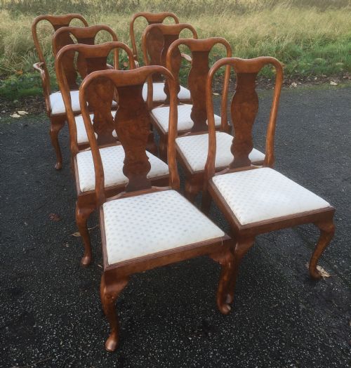 Eight Queen Anne Style Walnut and Beech Dining Chairs