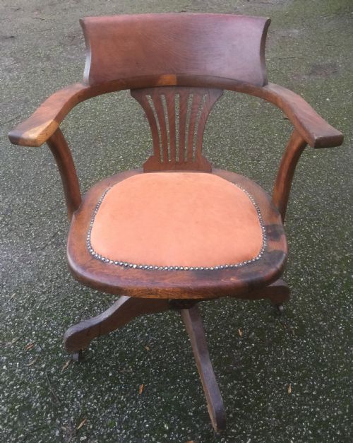 Oak Revolving Desk Chair Leather Seat Circa 1920