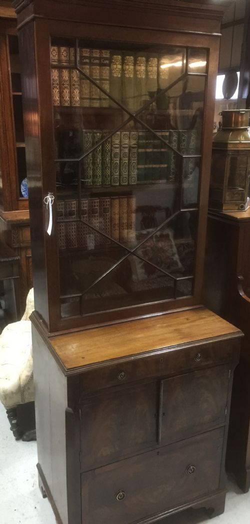 Narrow Victorian Glazed Mahogany Bookcase Over Cupboard