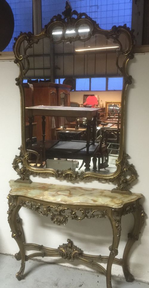 Antique Carved Gilt Console Mirror with Marble Topped Table