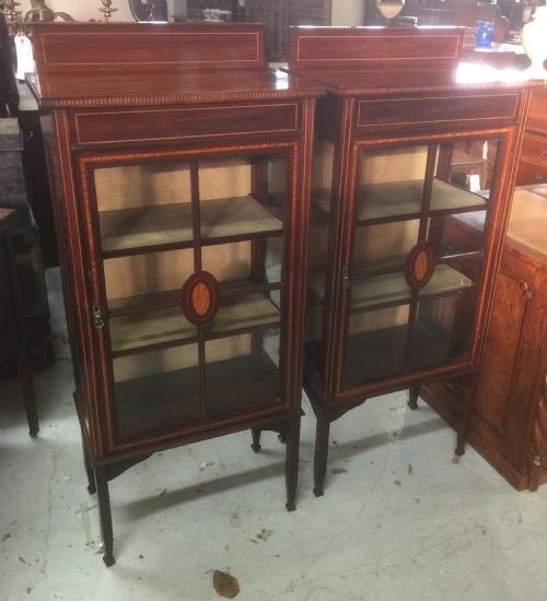 Antique Pair of Edwardian Inlaid Mahogany Display Cabinets