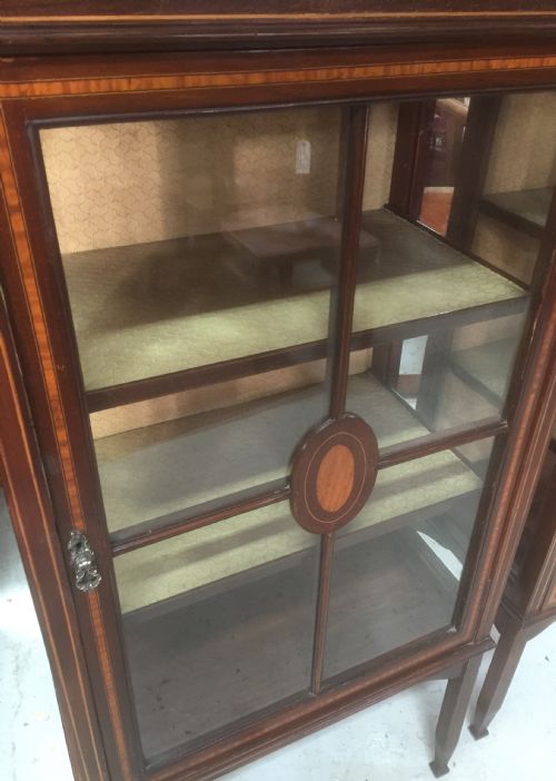 fig 1. Antique pair of Edwardian inlaid mahogany display cabinets