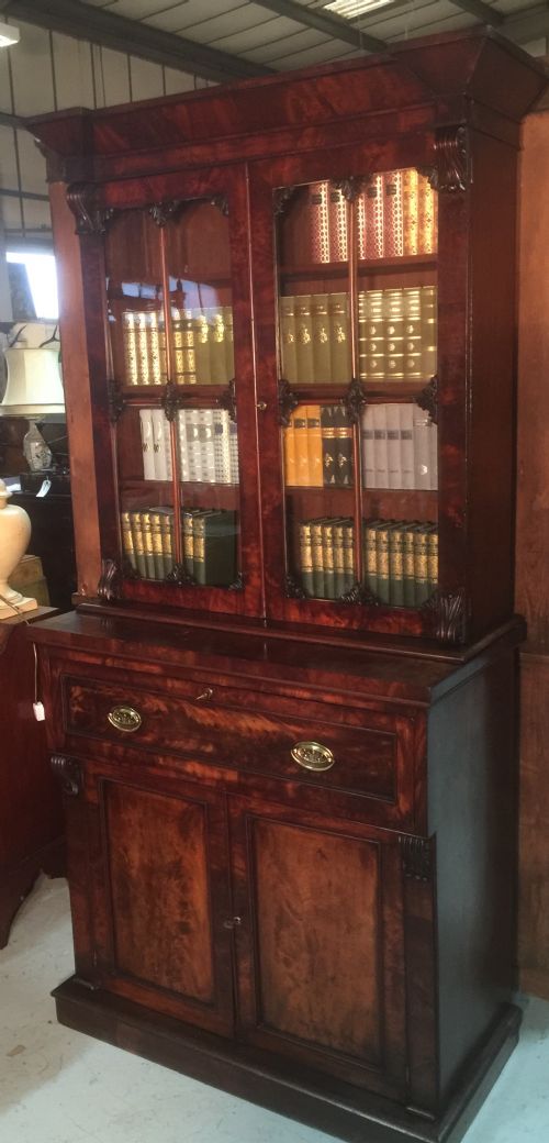 Antique William IV Flame Mahogany Secretaire Bookcase