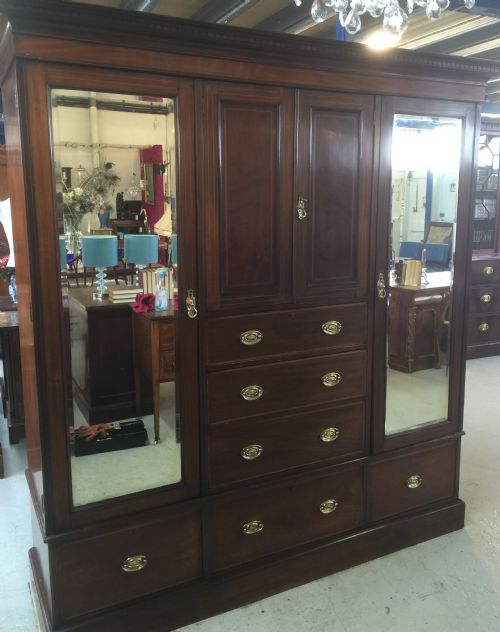 Victorian Inlaid Mahogany Sheraton Revival Triple Wardrobe by Warings