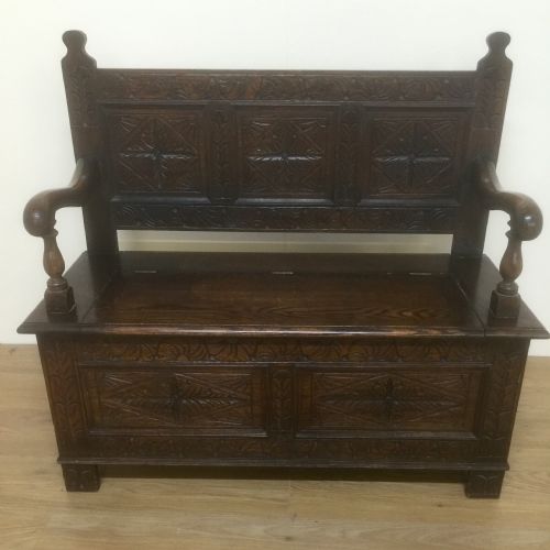 Small Carved Solid Oak Settle