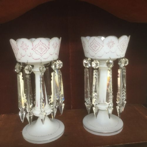 Pair of Victorian Hand Painted Milk Glass Lustres