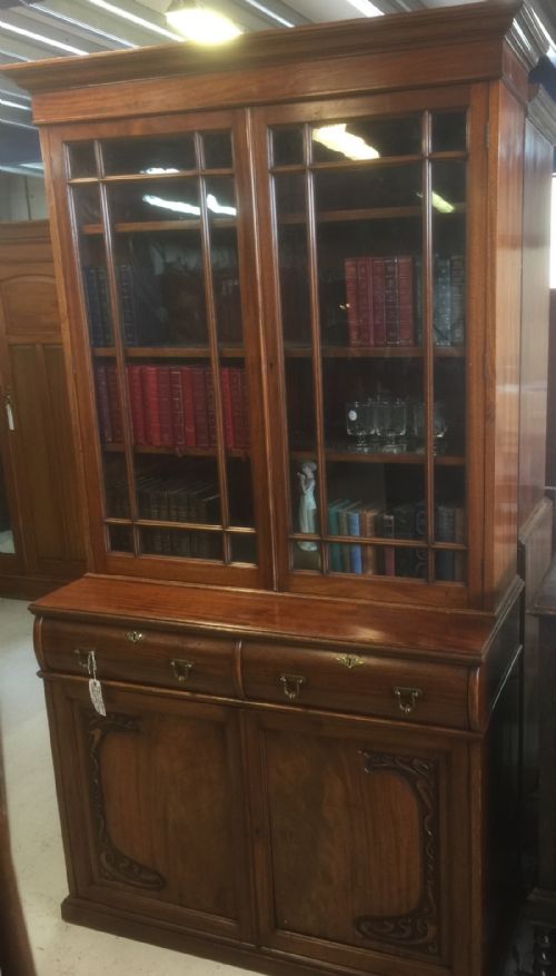 Art Nouveau Walnut Bookcase on Cupboard Circa 1890