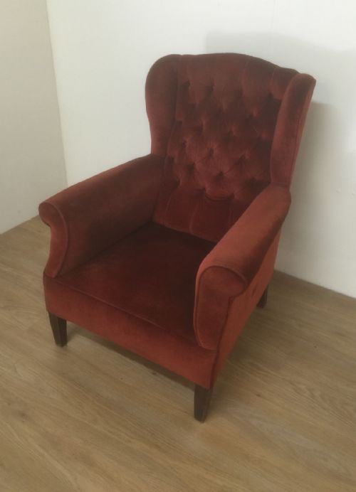 Edwardian Winged Armchair in Terracotta Velvet Circa 1910