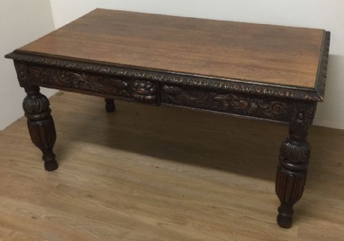 Victorian Carved Oak Two Drawer Library Table