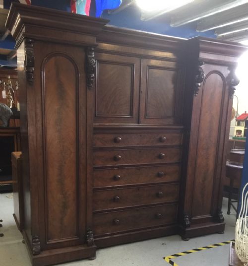Victorian Flame Mahogany Breakfront Wardobe