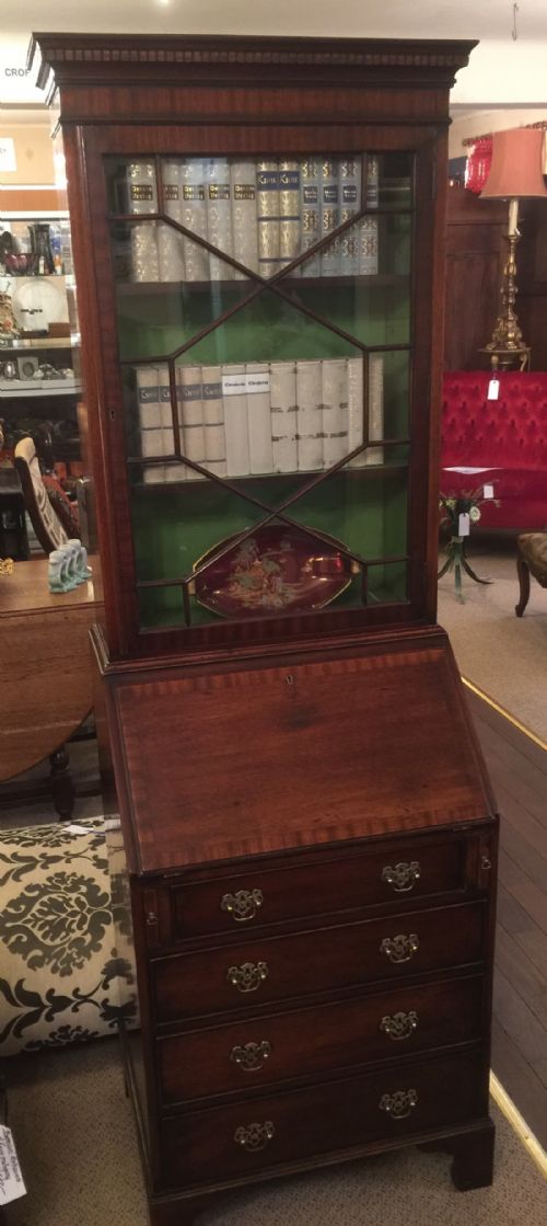 Edwardian Cross-banded Mahogany Bureau Bookcase of Slim Proportions