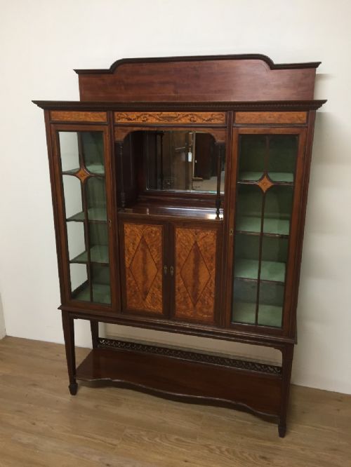 Edwardian Mahogany Display Cabinet -Satinwood and Marquetry Panels