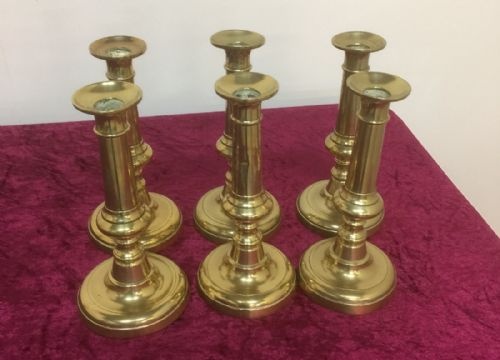 Six Matching Early Victorian Brass Candlesticks