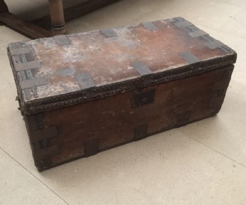 Nineteenth Century Hide Covered Metal Bound Trunk