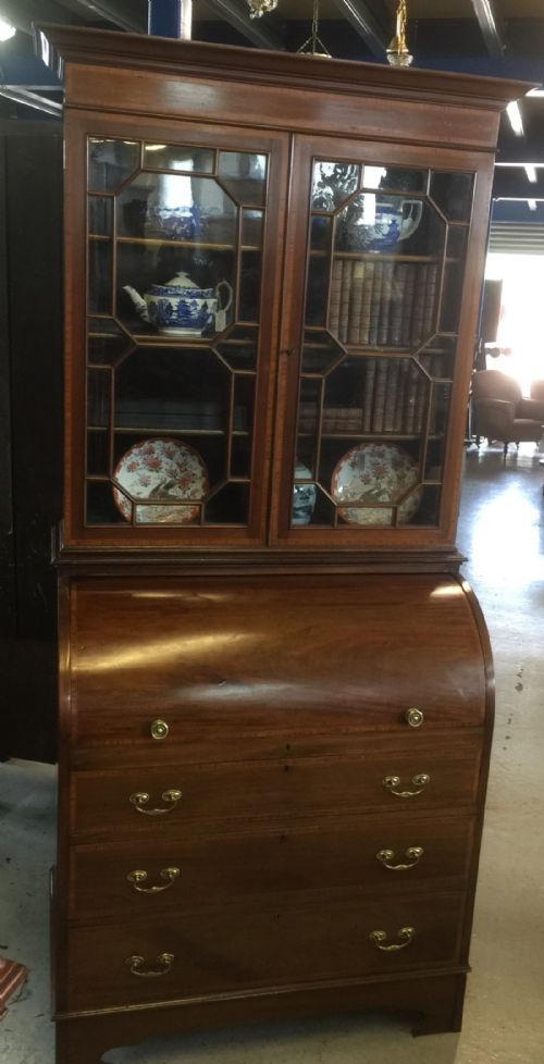 Late Nineteenth Century Inlaid Mahogany Cylinder Bureau Bookcase