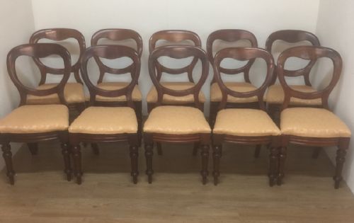Set of 10 Victorian Mahogany Balloon Back Dining Chairs Circa 1870