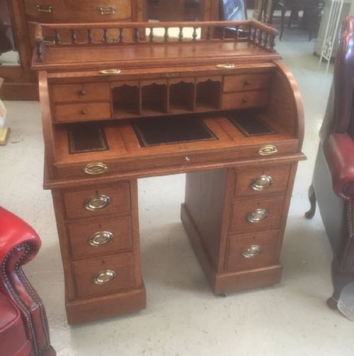 Edwardian Golden Oak Tambour Topped Desk