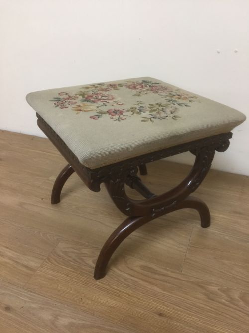 Good Quality Victorian Carved Mahogany X Framed Stool
