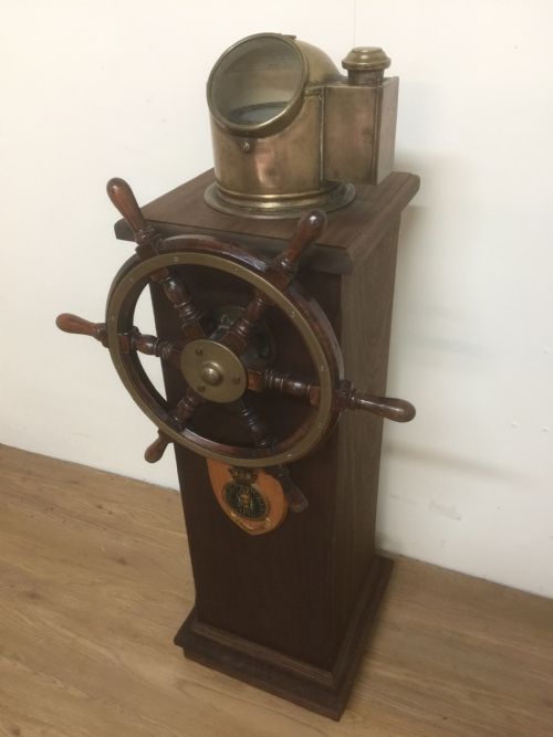 Ships Wheel and Binnacle on a Mahogany Plinth