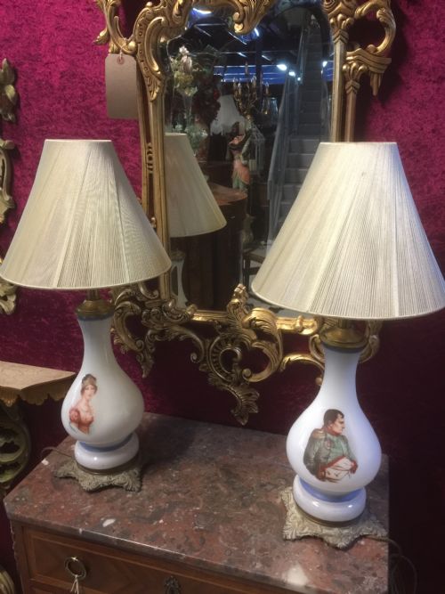 Pair of Victorian Milk Glass Oil Lamps Professionally Converted to Electricity