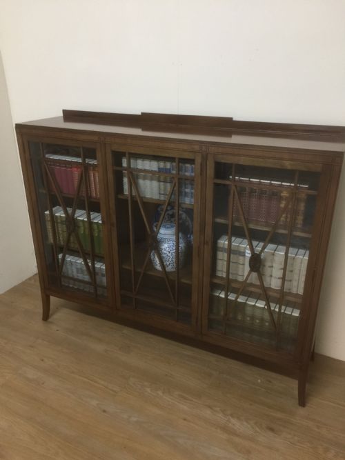 Edwardian Mahogany Three Door Glazed Bookcase with Ebony Stringing