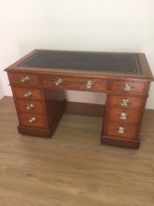 Edwardian Golden Oak Twin Pedestal Desk with Tooled Leather Top