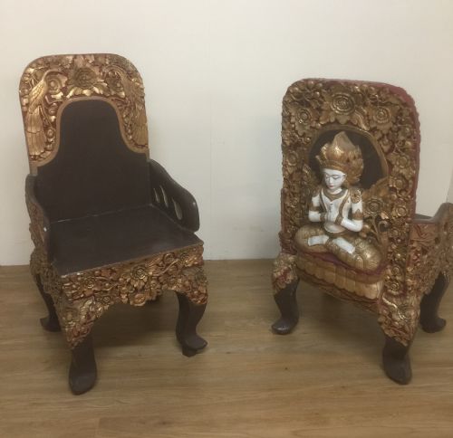 Pair of Se Asian Solid Wood Carved Temple Chairs Circa 1920