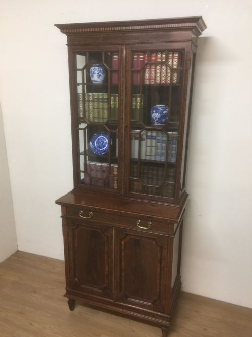 Edwardian Sheraton Revival Inlaid Mahogany Bookcase Over Cupboard by Jewell of London