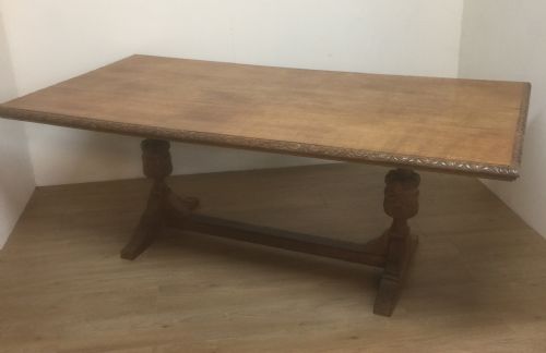 Edwardian Solid Golden Oak Refectory  Table on Carved Baluster Legs